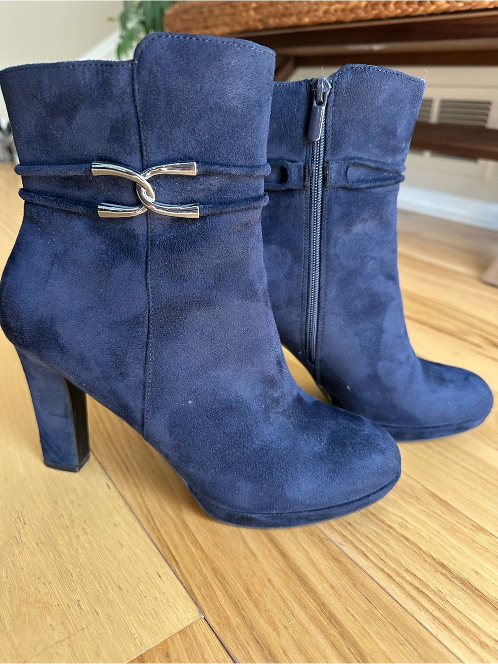 Women’s Navy Suede Ankle Boots with Decorative Accent